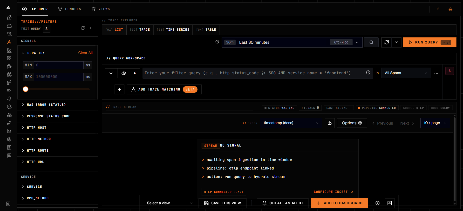 NoirAI trace explorer with filters and query builder
